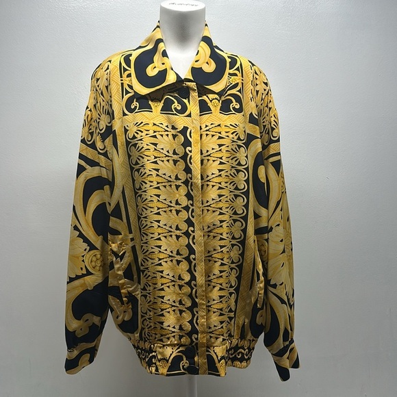 Peter Nygard Bomber Jacket Coat Baroque Print Satin Pure Silk Black Gold Size 10 - Picture 1 of 10
